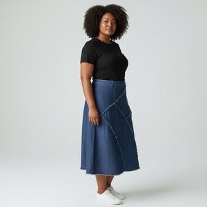 Tribal Denim Frayed Detail Maxi Skirt in Dark Blue with Frayed Paneling